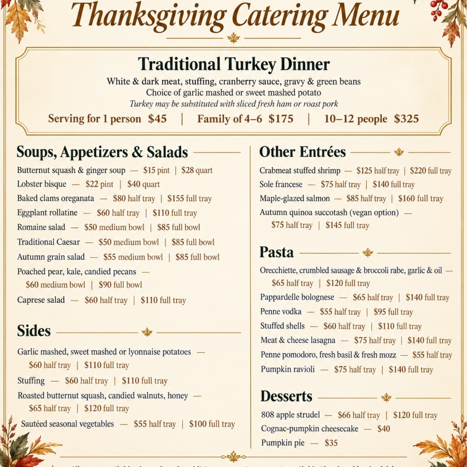 Thanksgiving catering menu featuring a traditional turkey dinner, soups, salads, sides, entrées, pasta, and desserts.