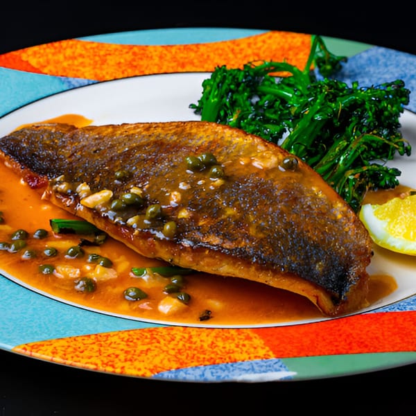 Pan-seared fish with caper sauce, broccolini, and a lemon wedge on a colorful plate.