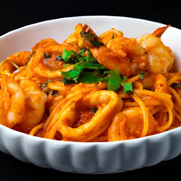 Spaghetti with shrimp and calamari in a rich tomato sauce, garnished with fresh basil, served in a white bowl.