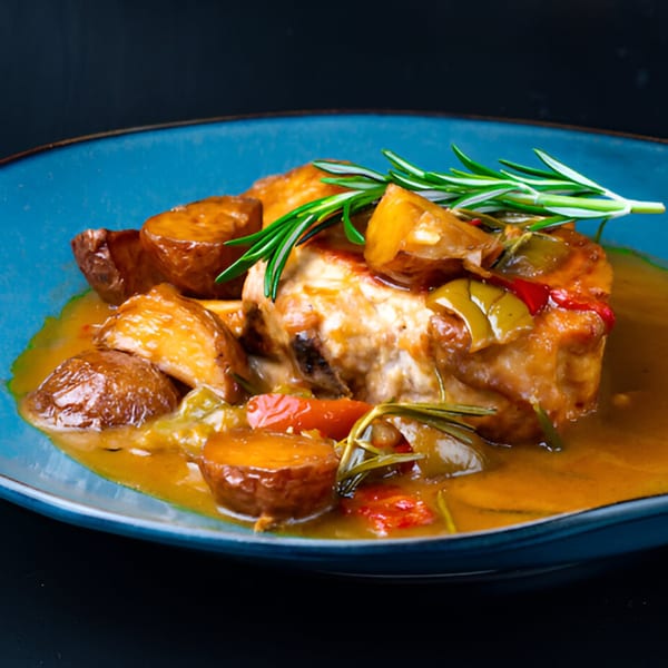 Osso buco with roasted potatoes and rosemary on a blue plate at The 808 Bistro.