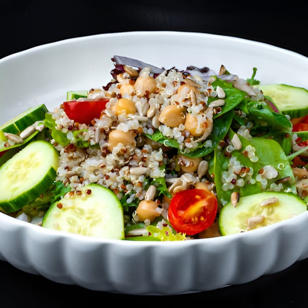 A vibrant quinoa salad with chickpeas, cucumbers, tomatoes, and sunflower seeds in a white bowl.