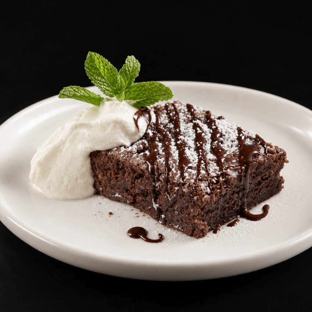 Chocolate fudge brownie, whipped cream.